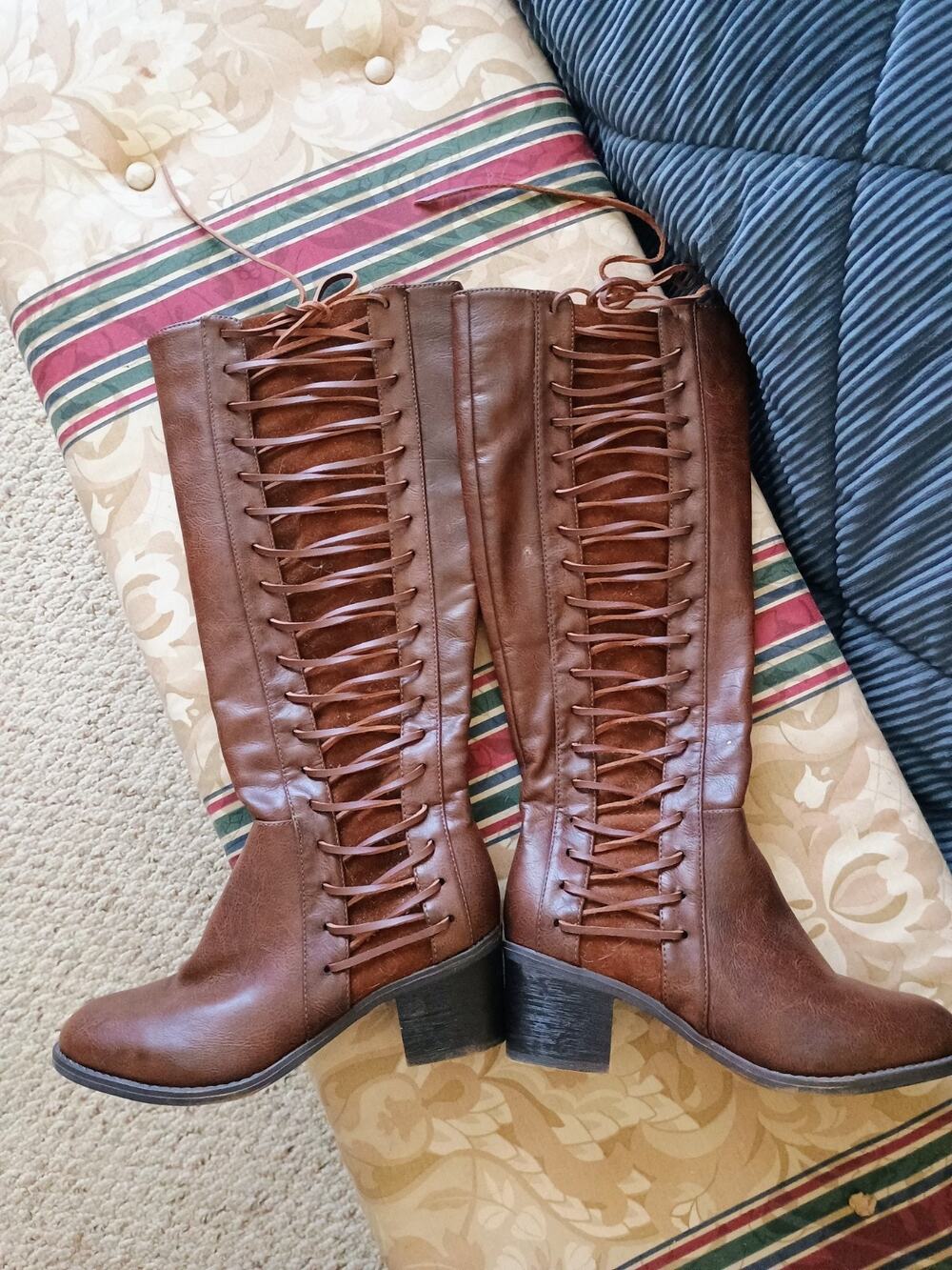 Womens Boots Brown Leather Tall Zip Lace Up Design Sz 5